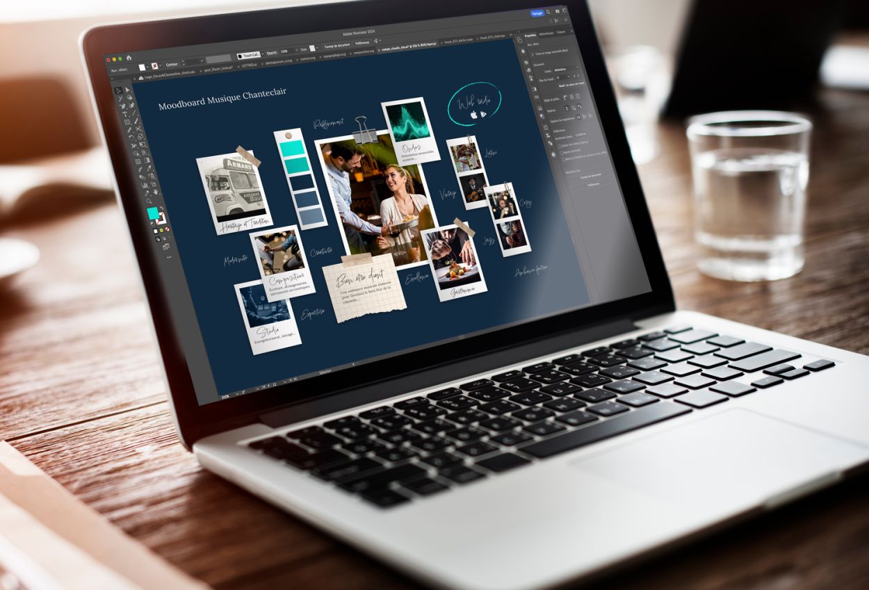 Ordinateur portable affichant un moodboard de l'Agence Oscar et Clémetine